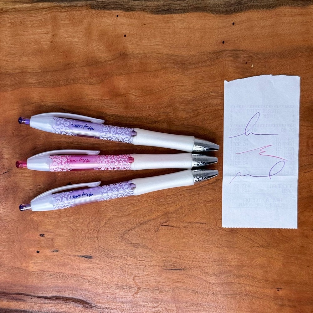 BIC For Her Retractable Ballpoint Pens Purple Pink Floral Filigree Set of 3